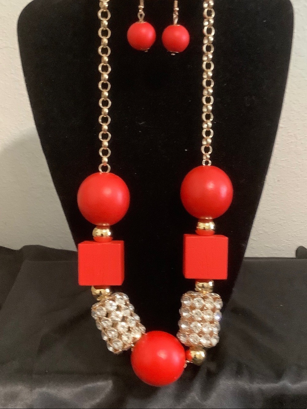Red Statement Bead Necklace & Earring Set